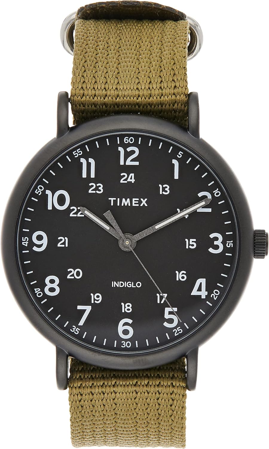 Timex Weekender XL 43 mm – boîtier noir, bracelet textile olive