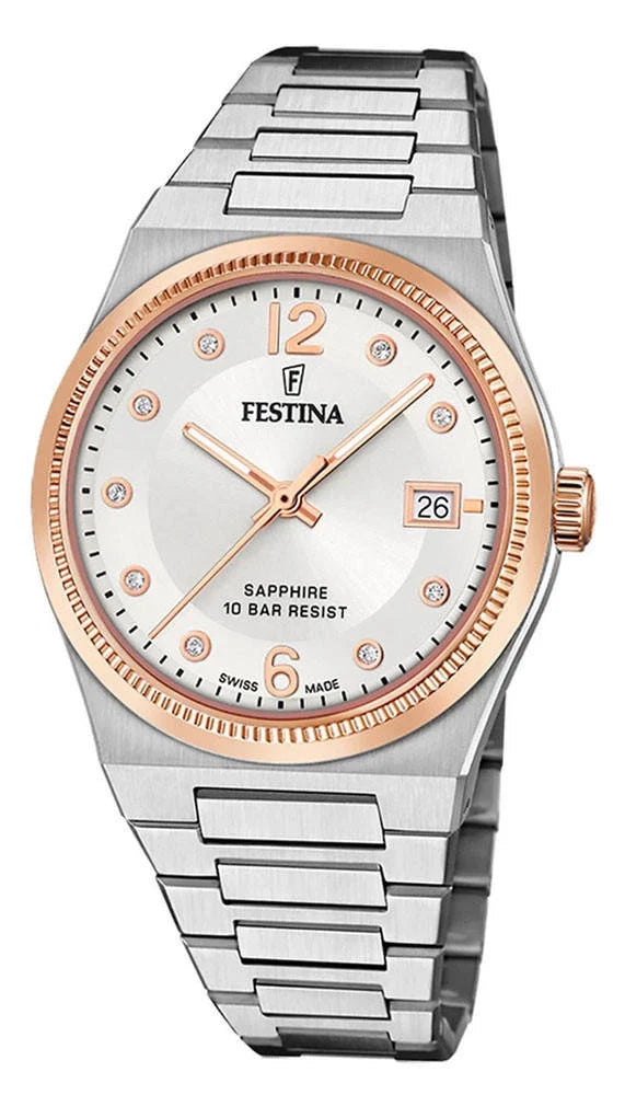 FESTINA Swiss Made quartz 35 mm – cadran argenté – montre femme
