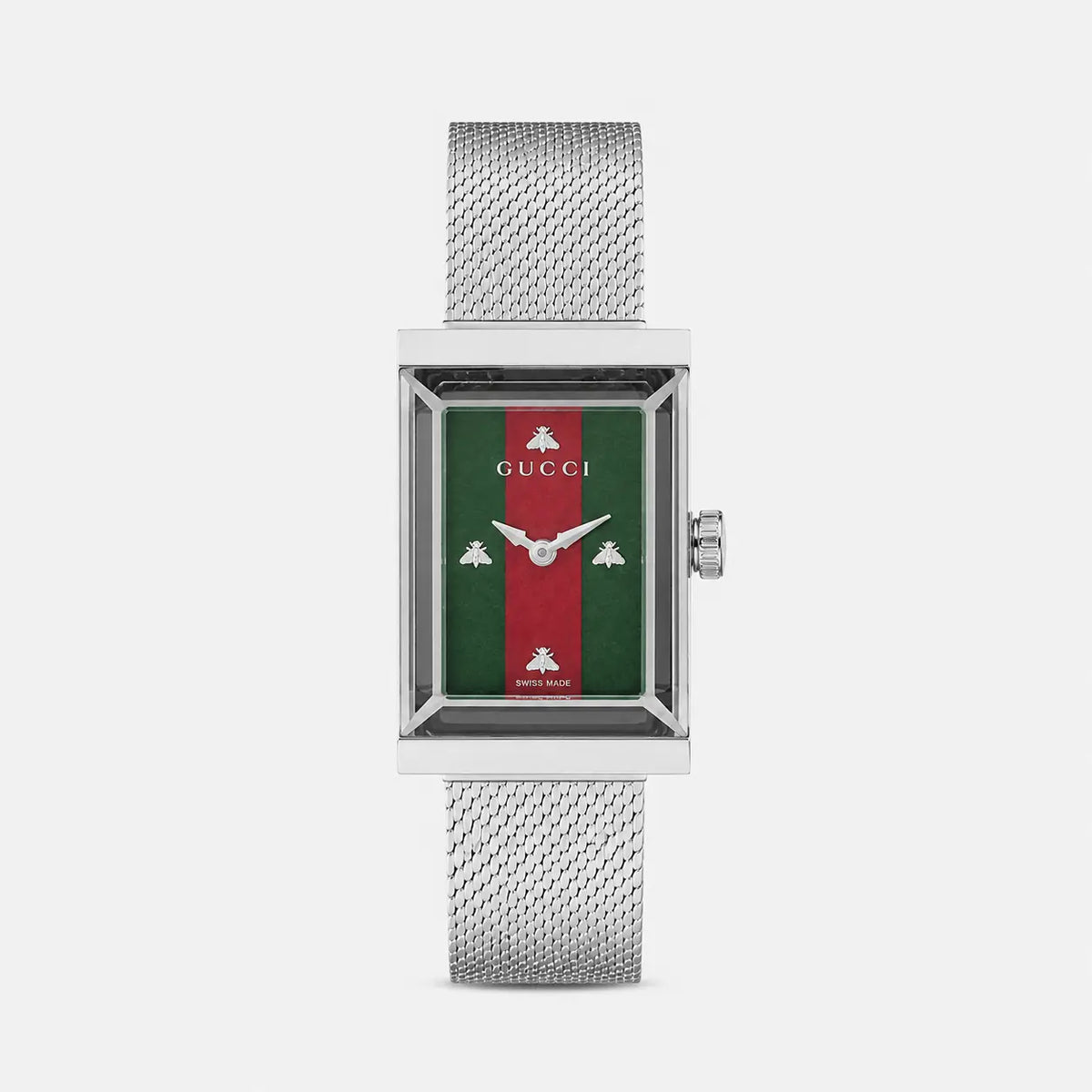 GUCCI G-Frame 21 × 34 mm – cadran en nacre vert et rouge – bracelet maille
