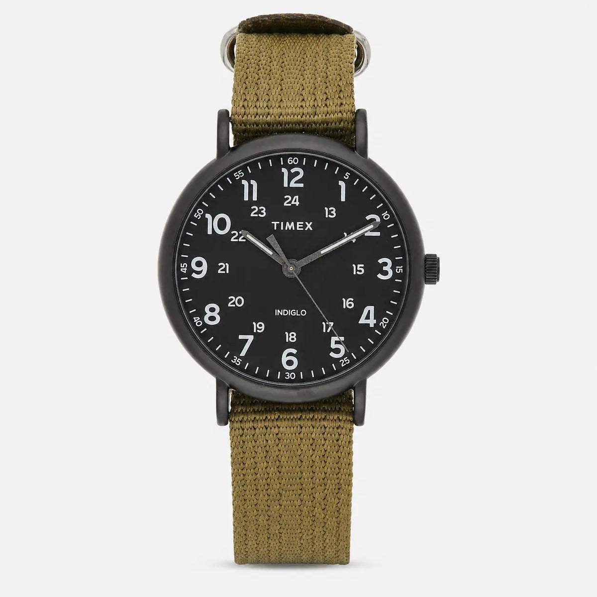 Timex Weekender XL 43 mm – boîtier noir, bracelet textile olive