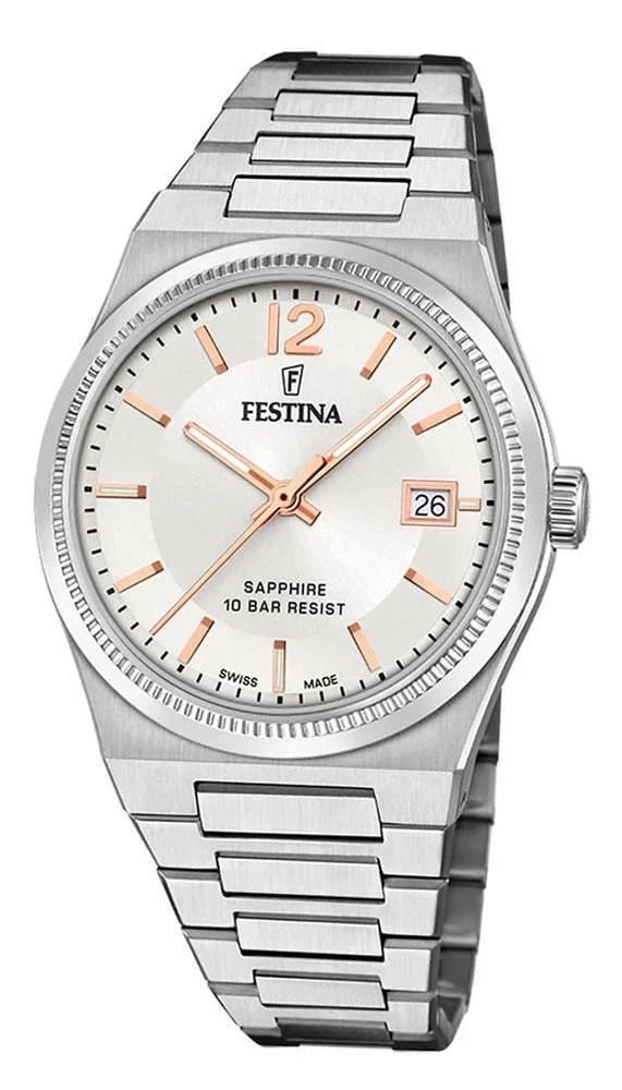 FESTINA Swiss Made quartz 35 mm – cadran argenté – montre femme