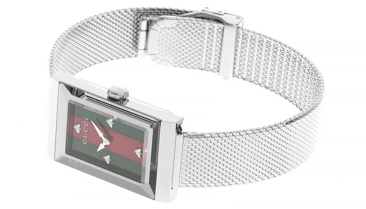 GUCCI G-Frame 21 × 34 mm – cadran en nacre vert et rouge – bracelet maille