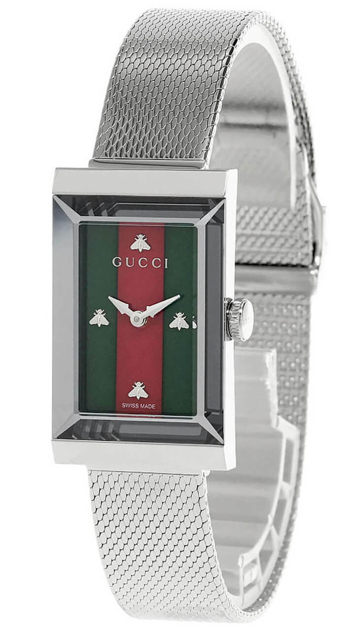 GUCCI G-Frame 21 × 34 mm – cadran en nacre vert et rouge – bracelet maille