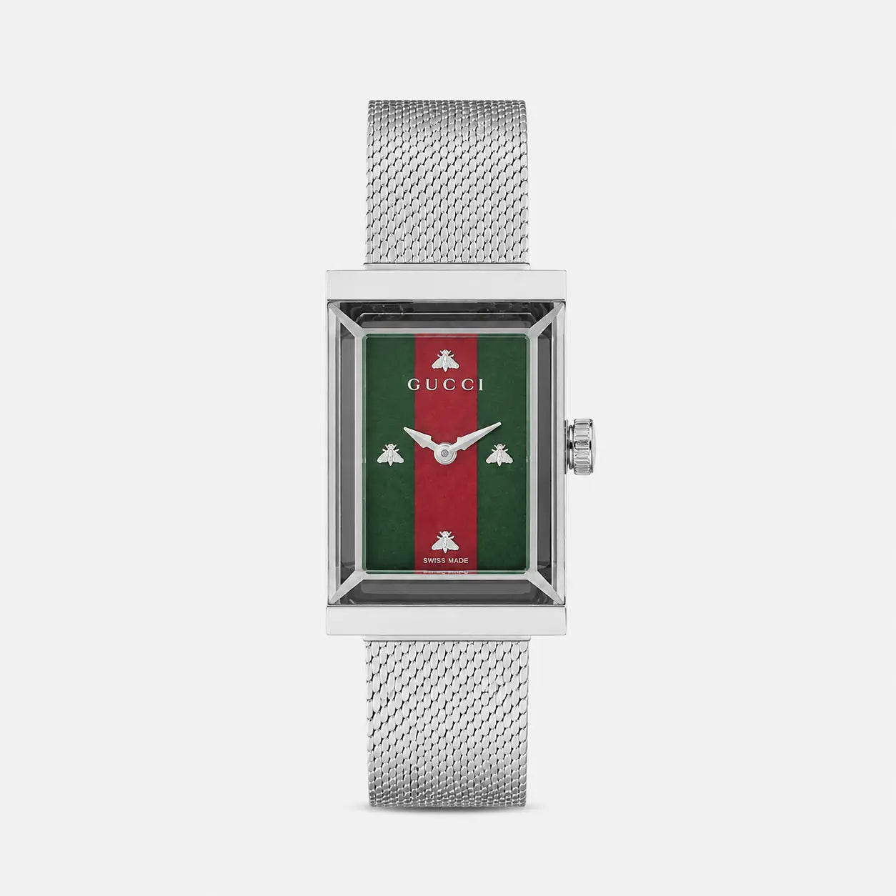GUCCI G-Frame 21 × 34 mm – cadran en nacre vert et rouge – bracelet maille