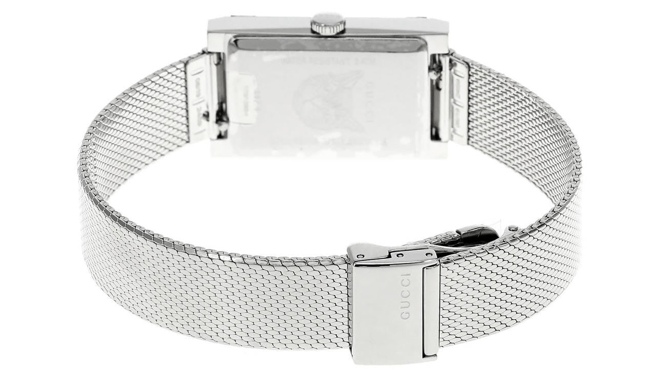 GUCCI G-Frame 21 × 34 mm – cadran en nacre vert et rouge – bracelet maille