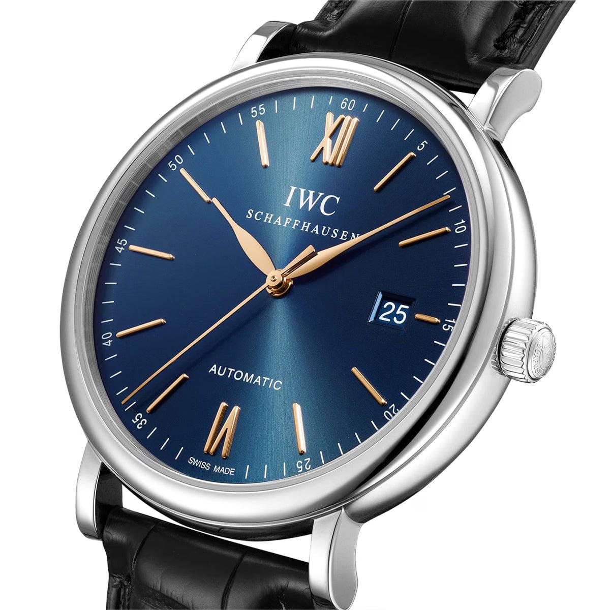 IWC Portofino IW356523 automatique 40 mm – cadran bleu, détails or rose – bracelet cuir